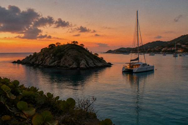 Sailing catamaran moored in a quiet bay at dusk