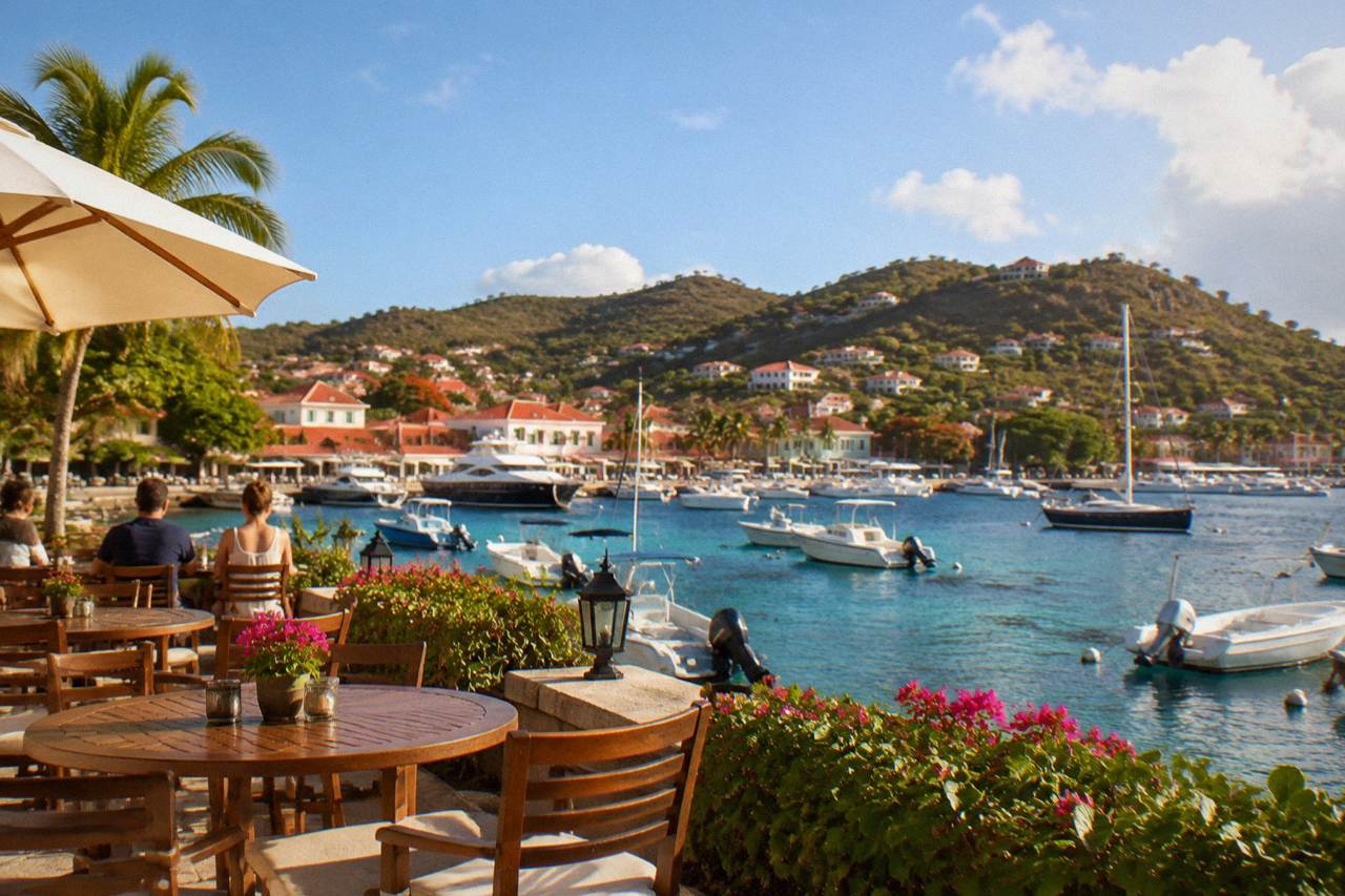 A shopfront terrace in Gustavia with tables overlooking the harbour and hills of St Barts
