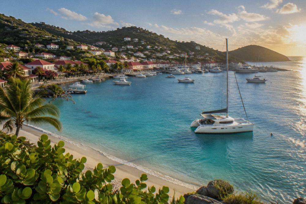 A sailing catamaran moored in clear turquoise water near a St Barts beach