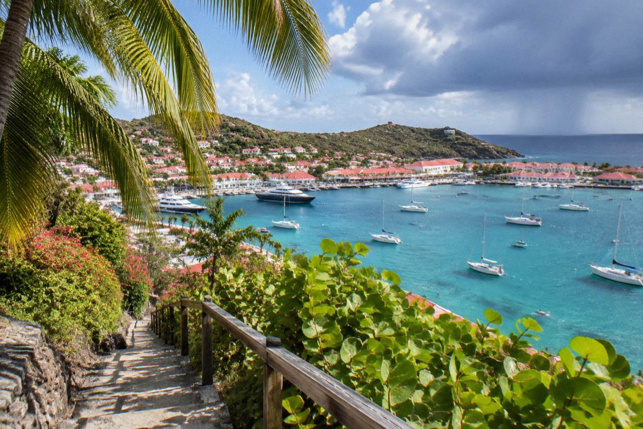 Palm fronds and tropical vegetation along a hillside path above a Caribbean bay