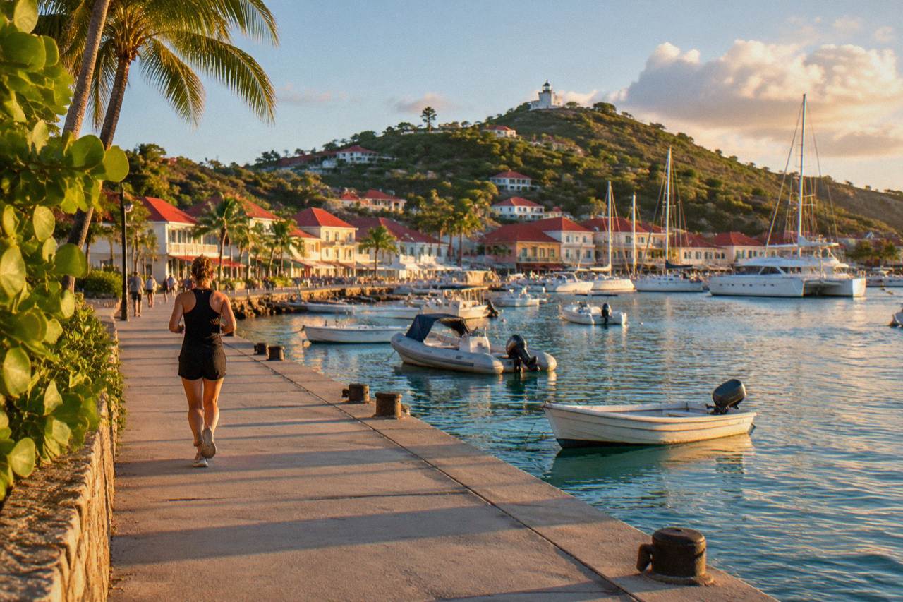 View over red rooftops and boats in Gustavia harbor on St Barts