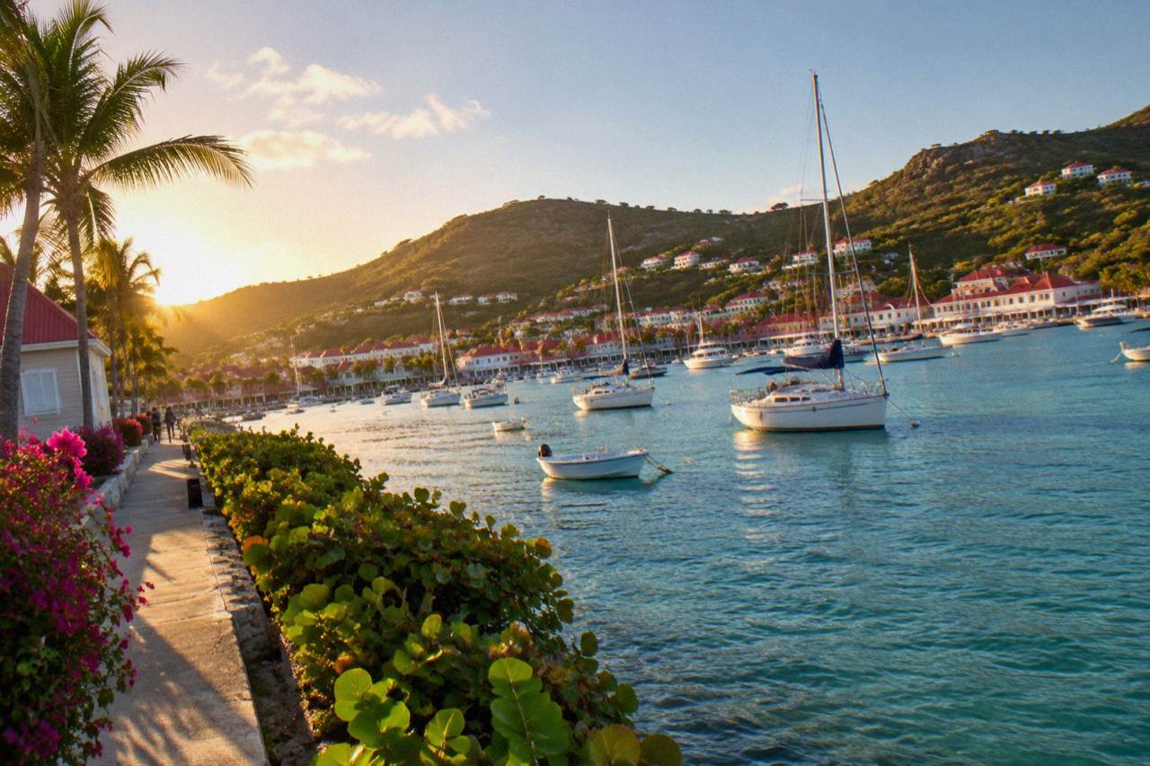 Sailboats anchored in the turquoise harbor of Gustavia on St Barts under a clear sky