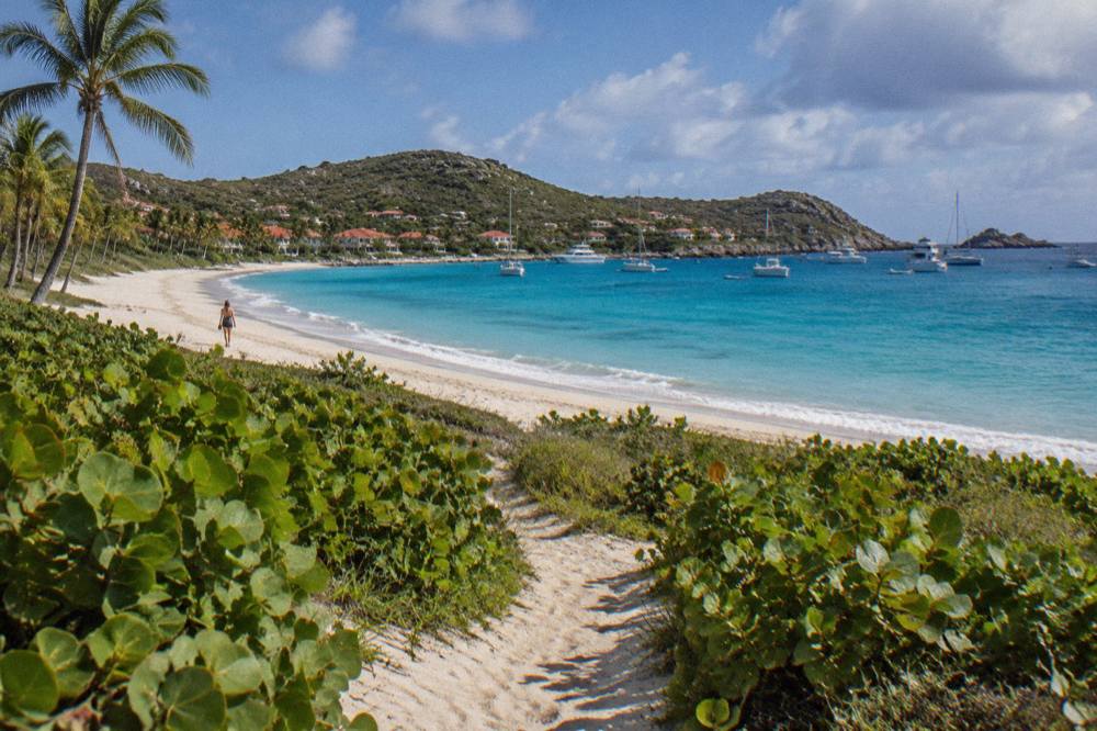 A footpath crossing low dunes with sea grape vegetation toward a broad empty beach and calm turquoise water