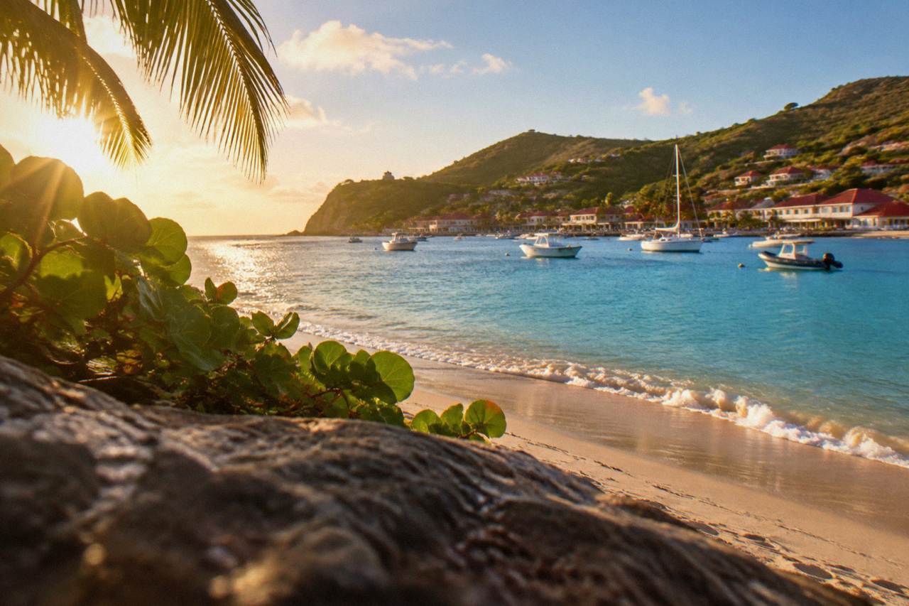 A quiet crescent beach in St Barts with turquoise water and green hills at golden hour