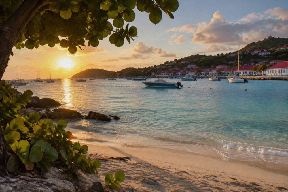 A quiet public beach on St Barts with sand, low vegetation and clear shallow water