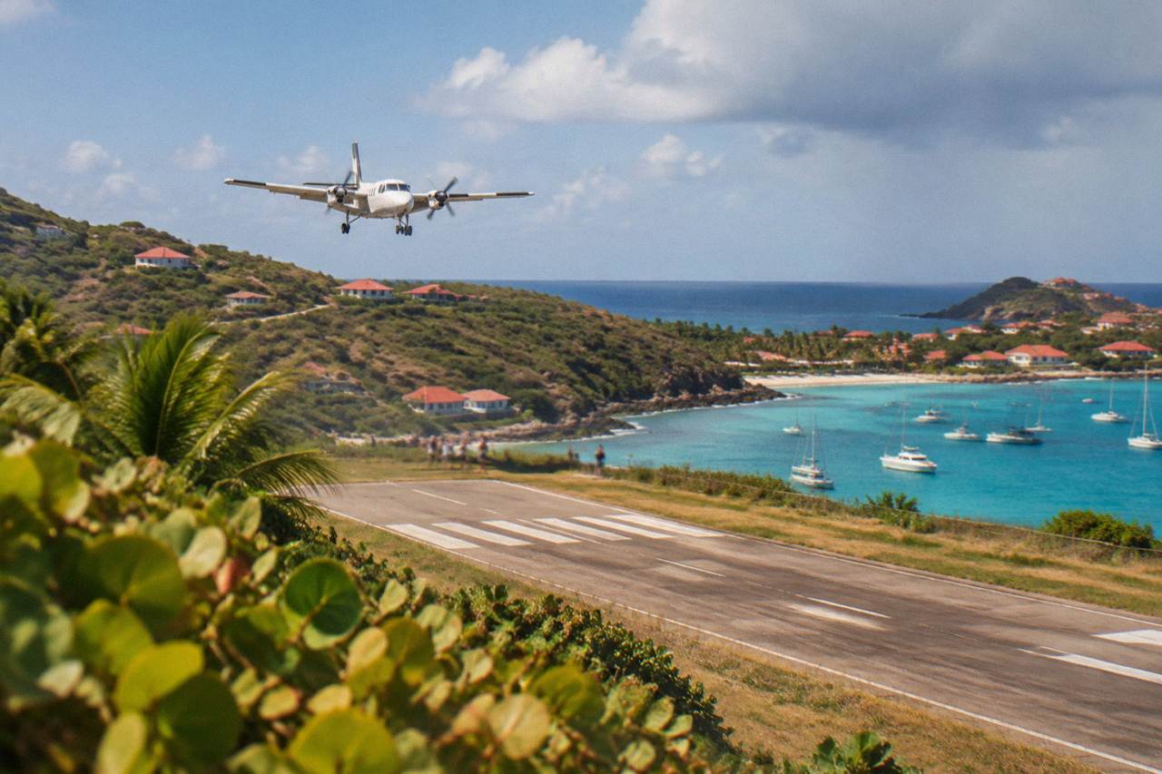 A small turboprop airplane on a short runway between green hills and a Caribbean bay