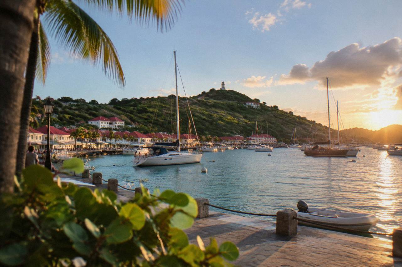 Red-roofed houses and sailboats in Gustavia harbor on the Caribbean island of St Barts