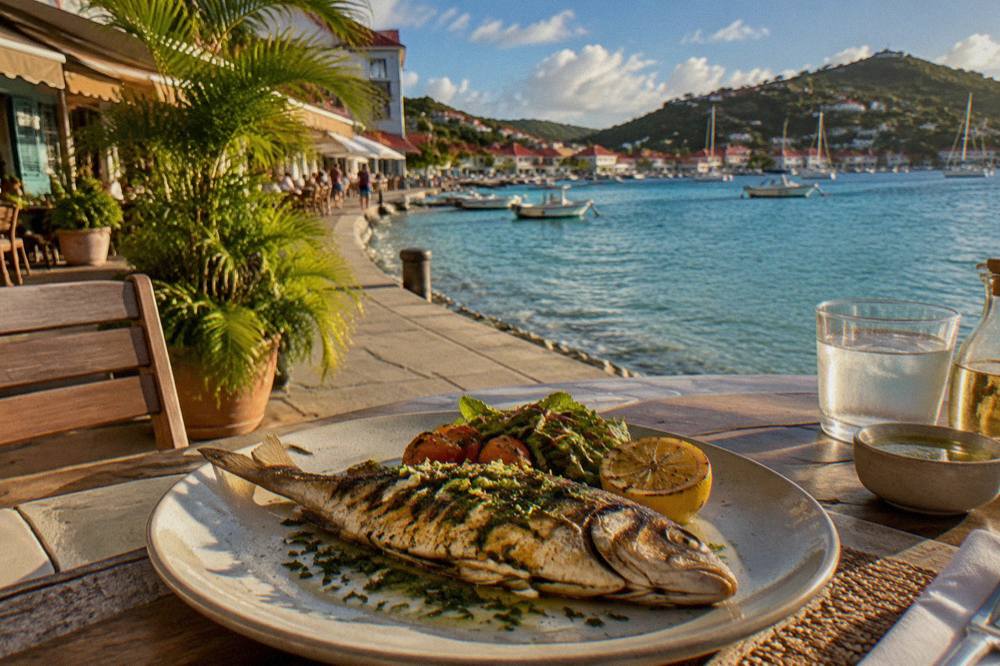 A plate of grilled fish with herbs on an outdoor table beside a turquoise bay
