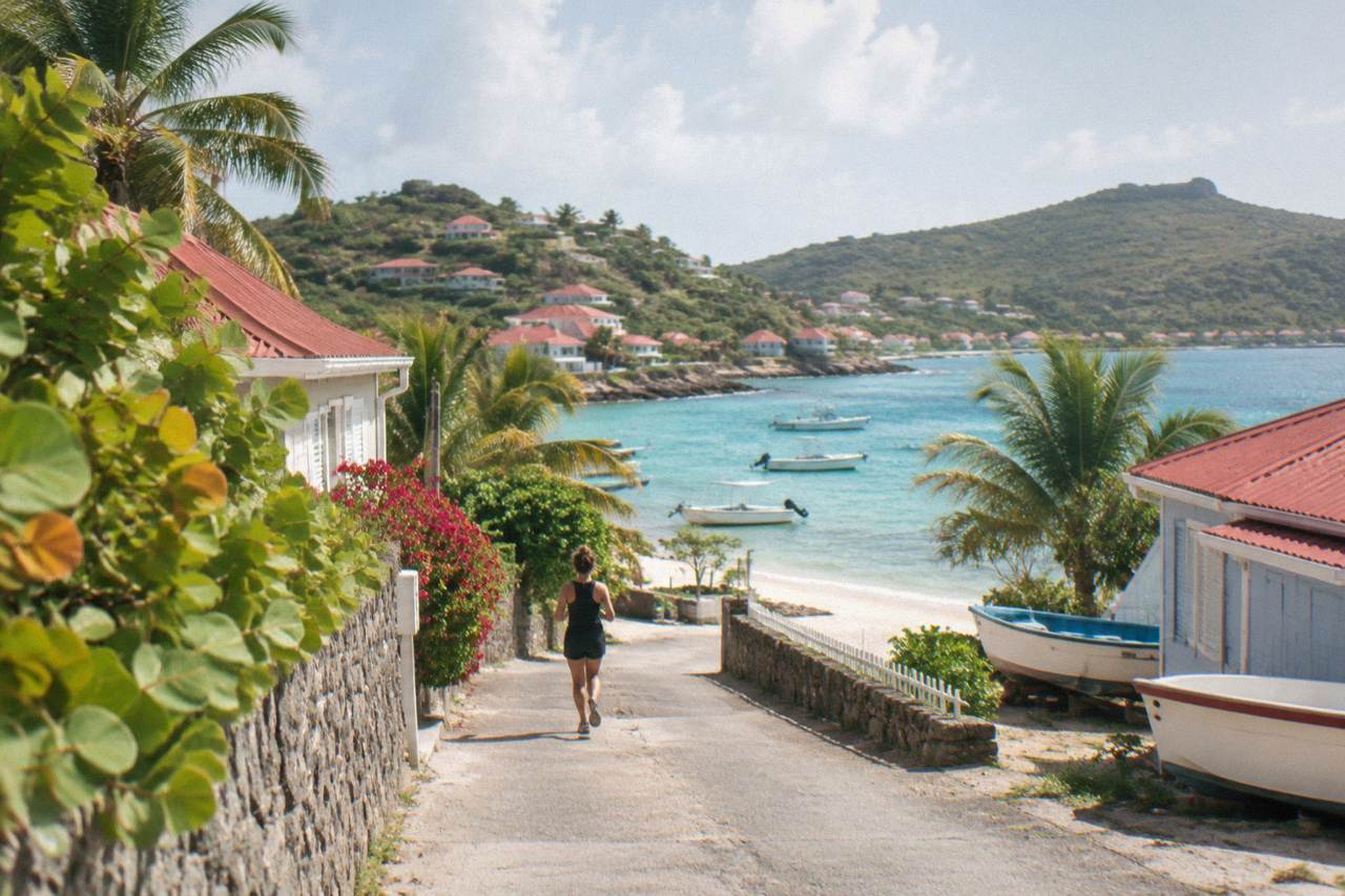 A small Caribbean village of colorful houses on a green hillside above a quiet bay