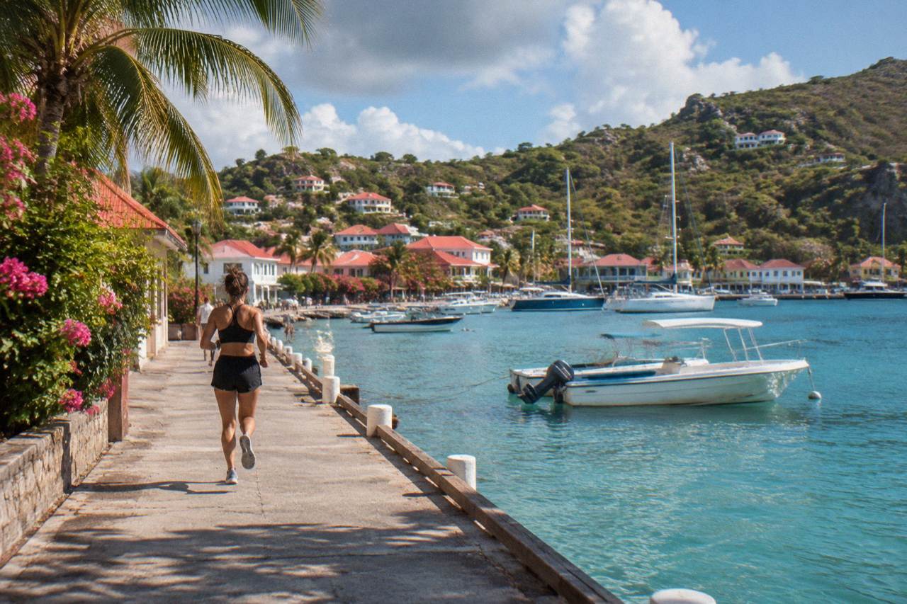 A shallow turquoise lagoon curving along a green hillside on the north-east shore of St Barts