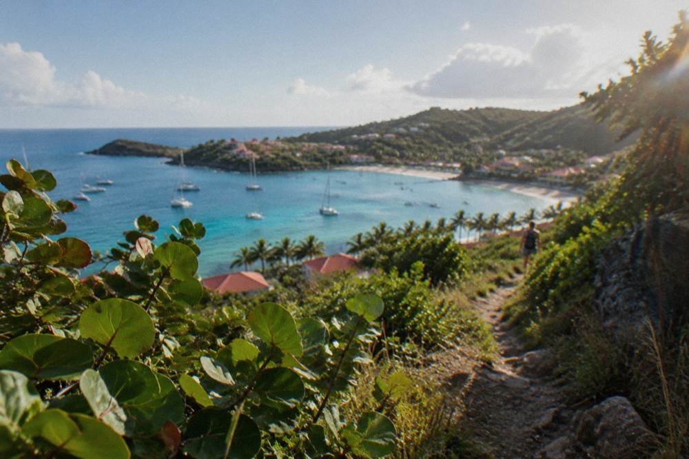 A narrow footpath climbing a green headland above the sea