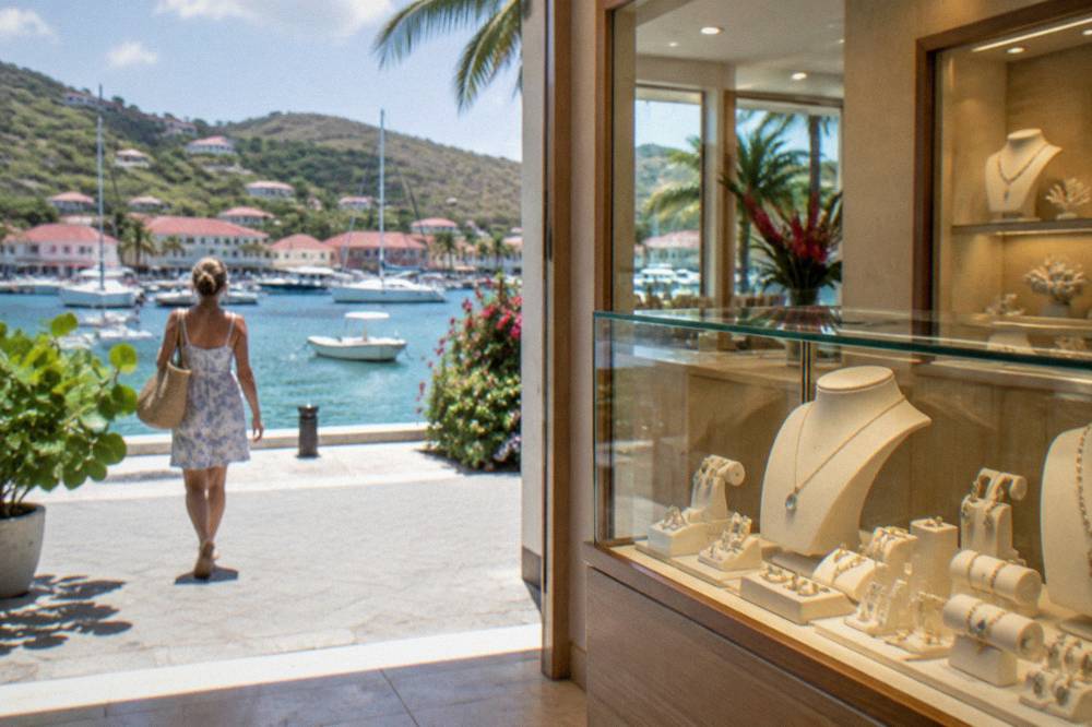 A jewellery display case in a brightly lit boutique in Gustavia