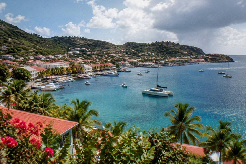 Catamaran at anchor in a bay with palm trees and a small town on the shoreline