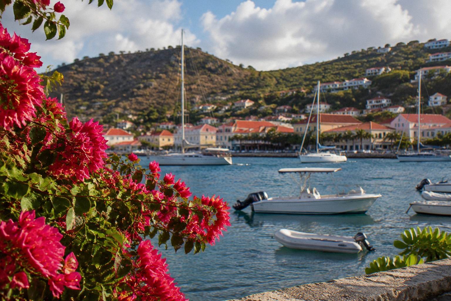 Harbour front with yachts and low red-roofed buildings