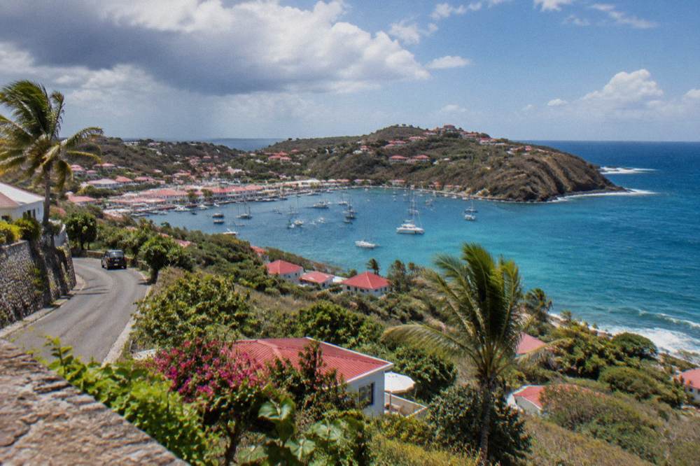 Palm trees and low white buildings above a rocky shoreline with breaking waves