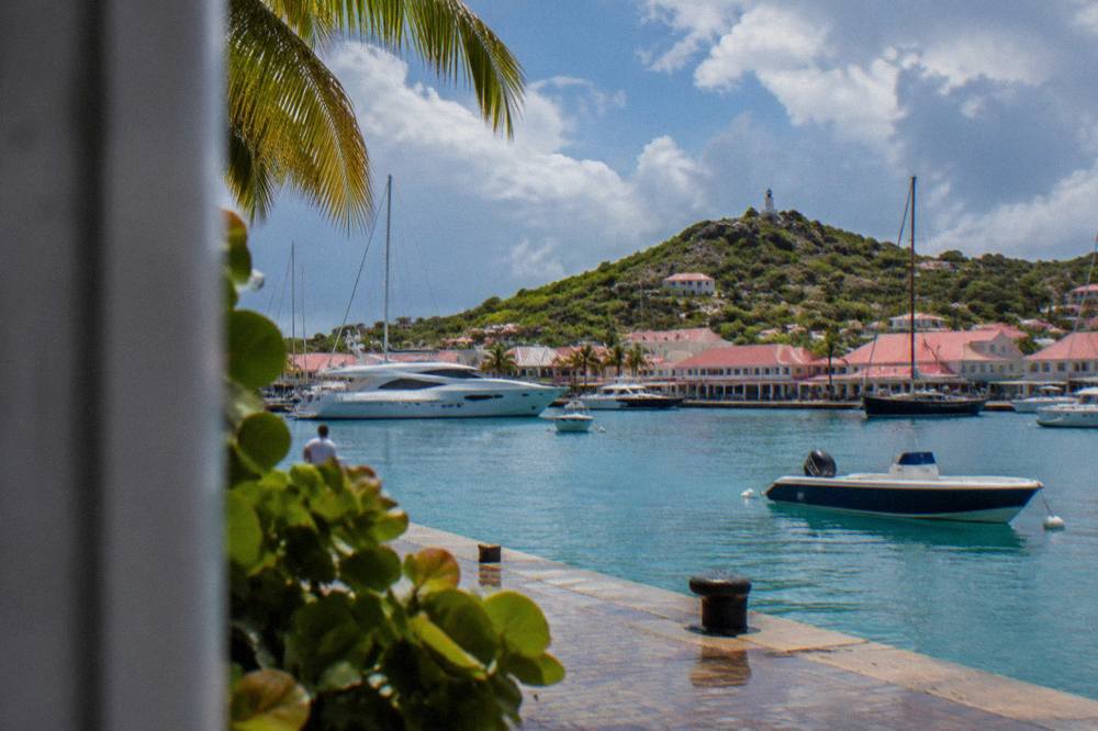 View over Gustavia harbor with yachts moored along the waterfront