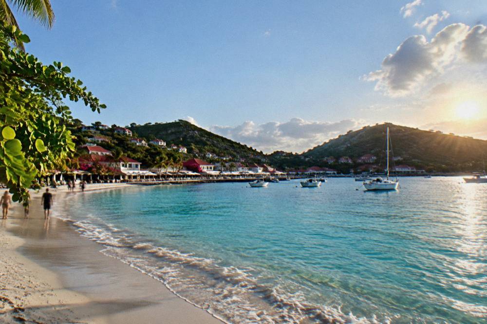 Shallow turquoise water over pale sand with tree-shaded shore behind