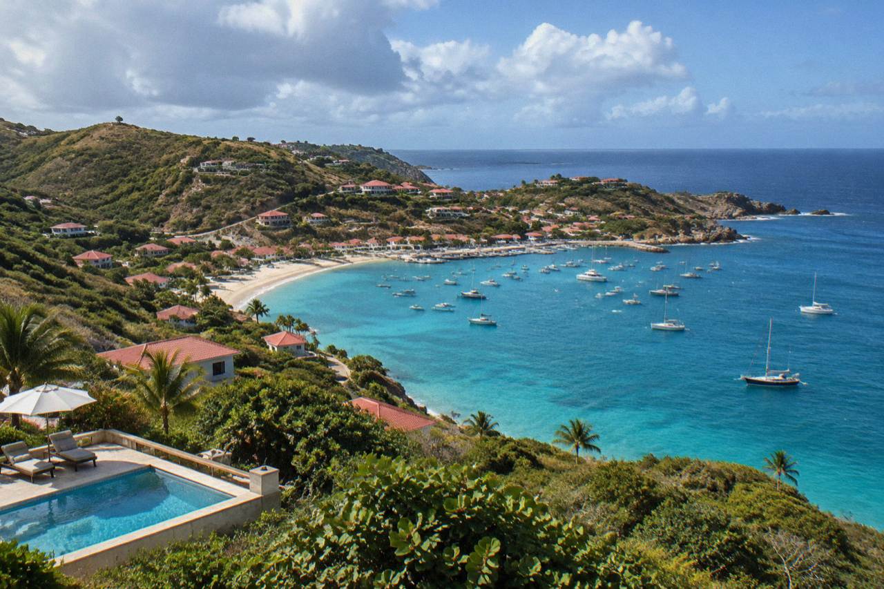 A green hillside with scattered villas dropping toward a curved bay with turquoise water