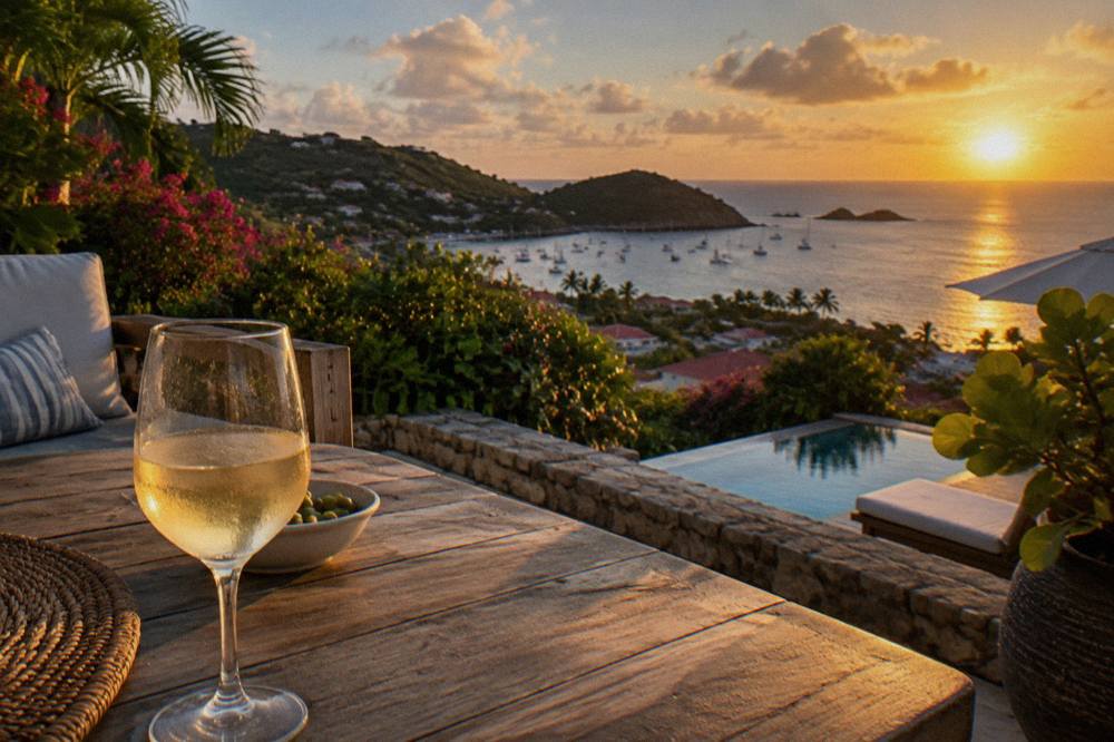 A hillside villa terrace in Vitet overlooking the coast of St Barts