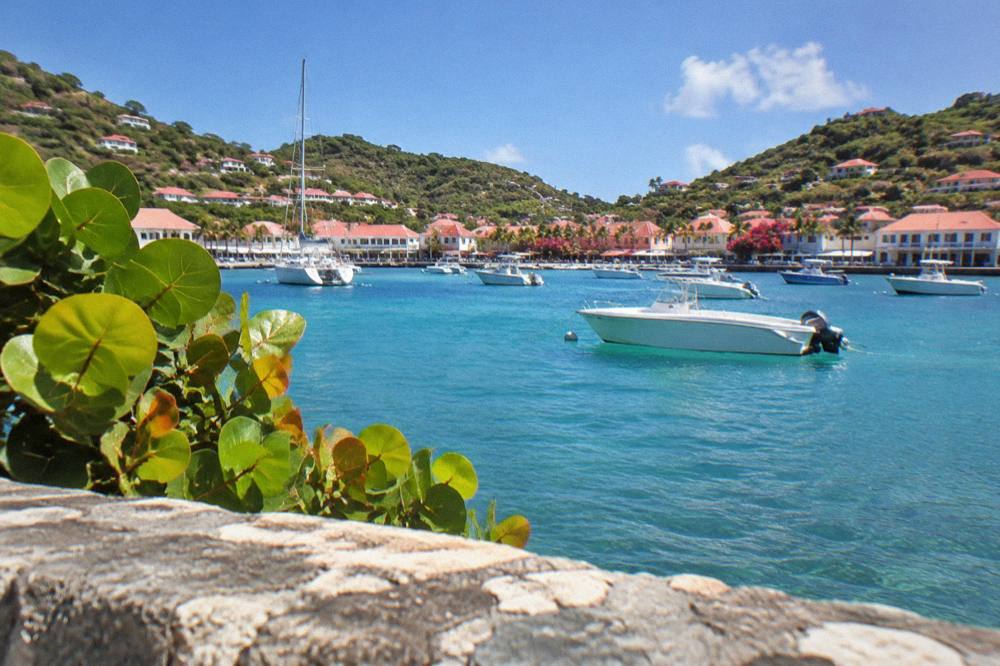 Red rooftops and green slopes on a hillside of St Barts under a clear sky