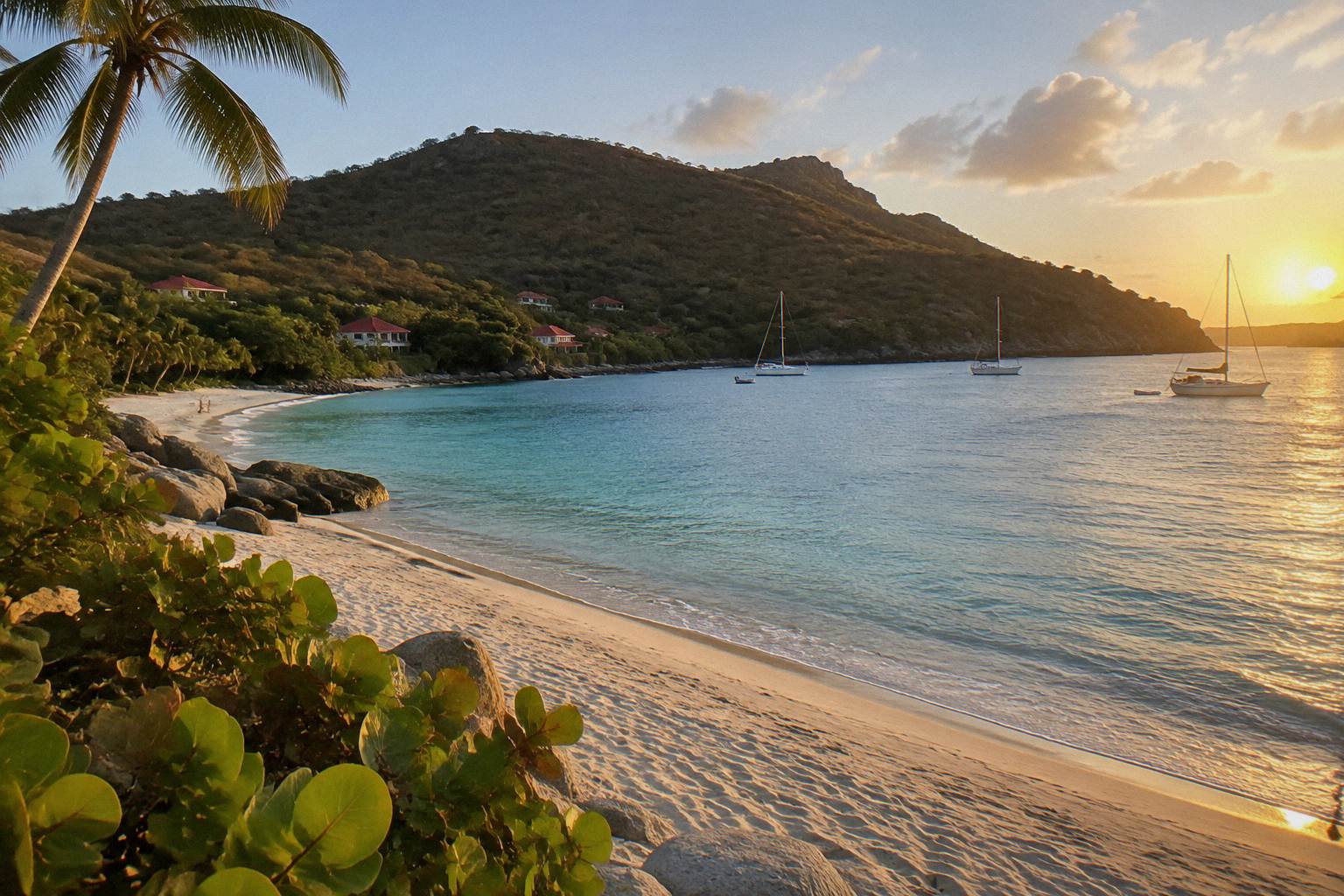 Sheltered cove with turquoise water reached by a hillside path