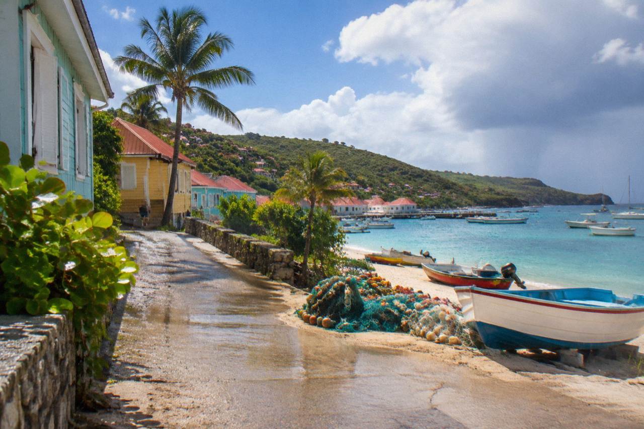 A small Caribbean village street with colorful wooden houses and palm trees near the water
