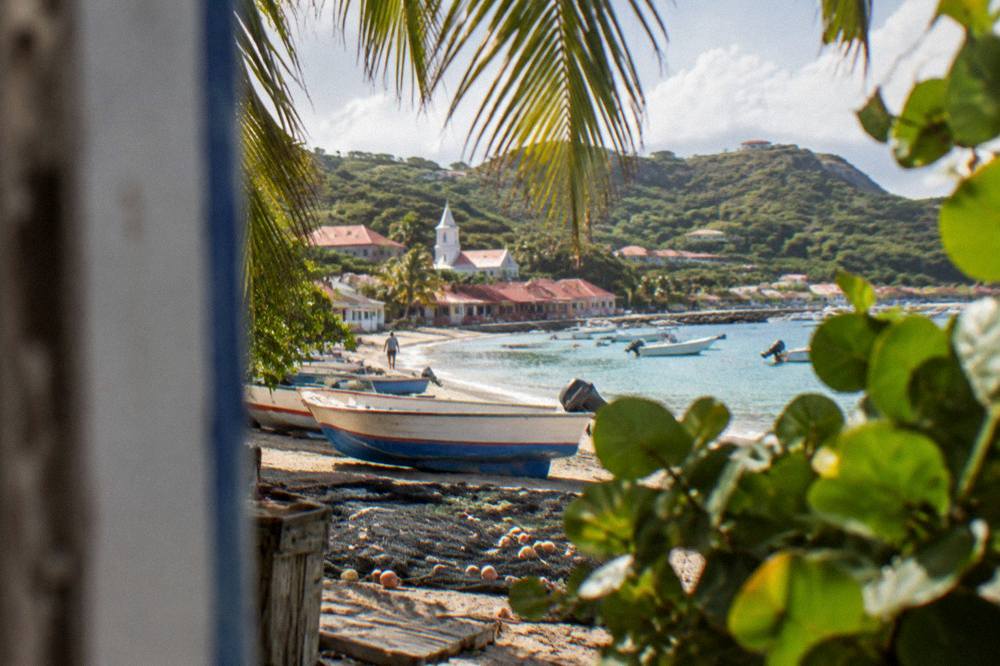 A village church and small houses seen through palm leaves in late afternoon light