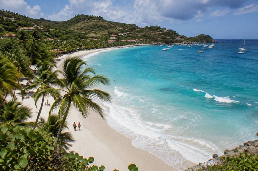 Hillside houses overlooking a curving bay with wooded slopes meeting the sand