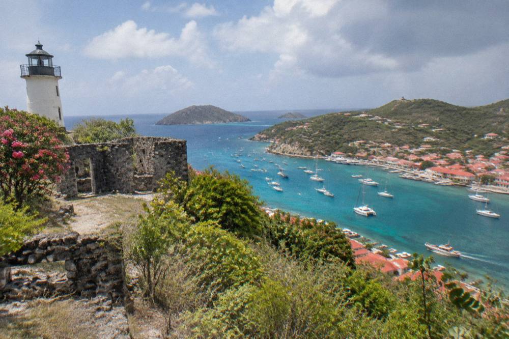 A panoramic view over a small Caribbean harbour filled with boats, seen from a high green hillside