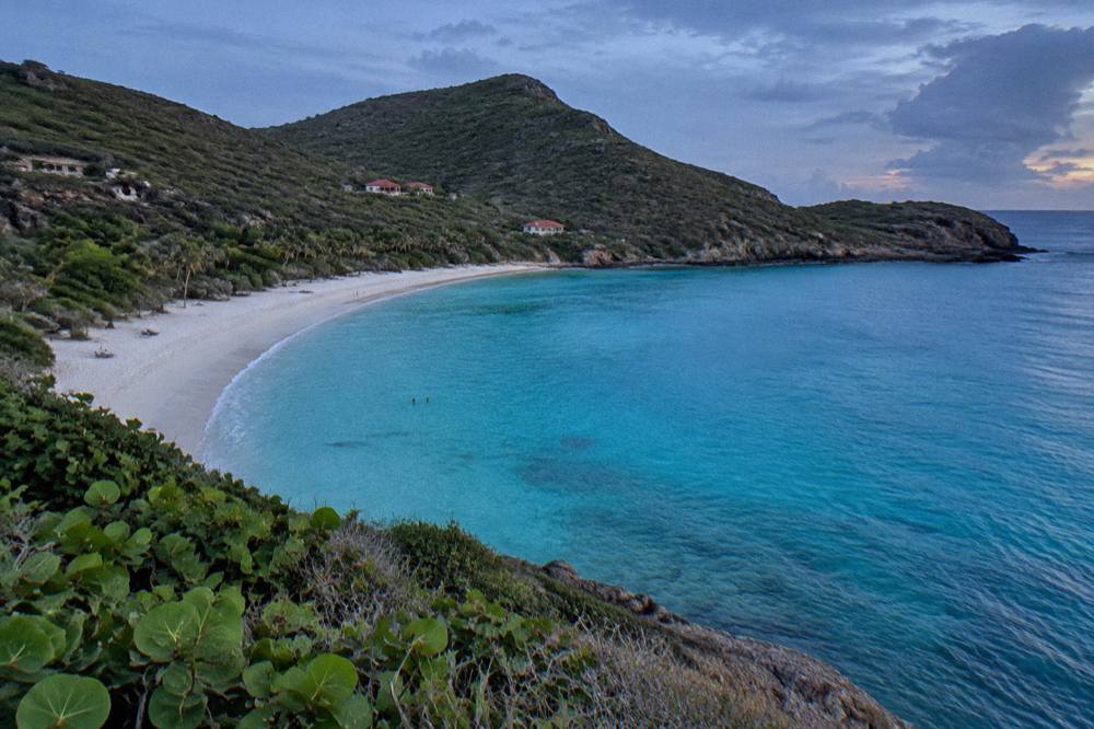 Turquoise water over pale sand seen from a green headland above a curved bay
