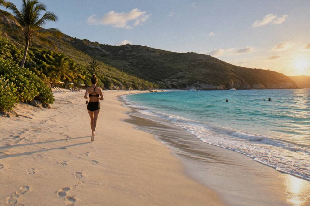 A quiet sandy bay with green slopes and no buildings along the shore