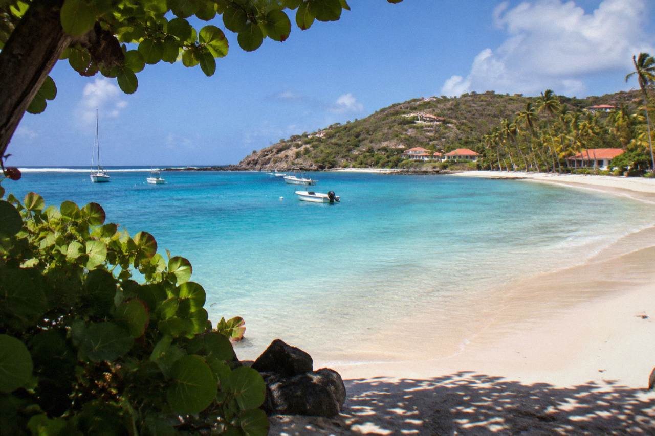 A shallow turquoise lagoon curving along a palm-lined beach on the northeast coast of a small Caribbean island