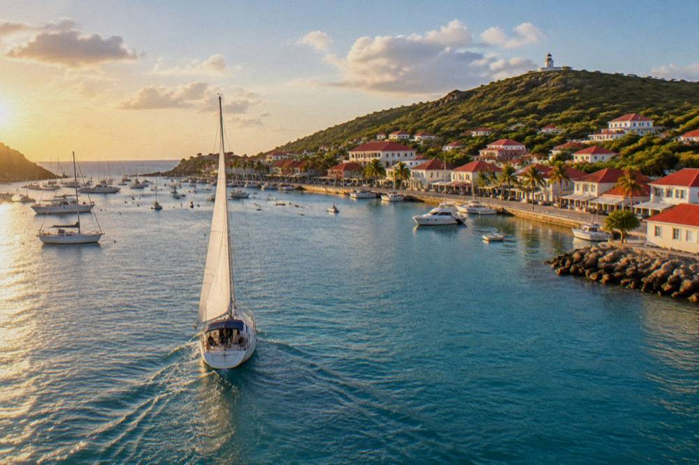 A sailboat cruising toward a harbour town on a green Caribbean island