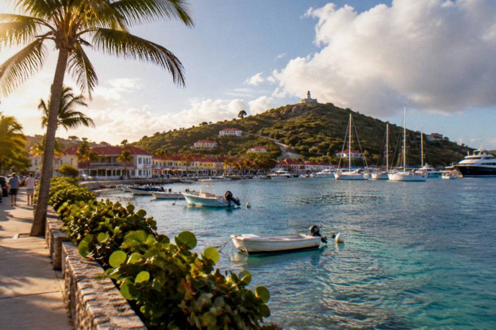 A narrow winding road climbing a green hill above a Caribbean coastline