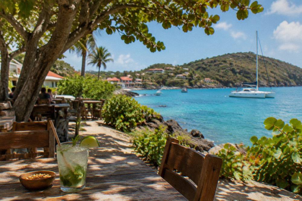 A catamaran moored in clear turquoise water beside a rocky green island headland