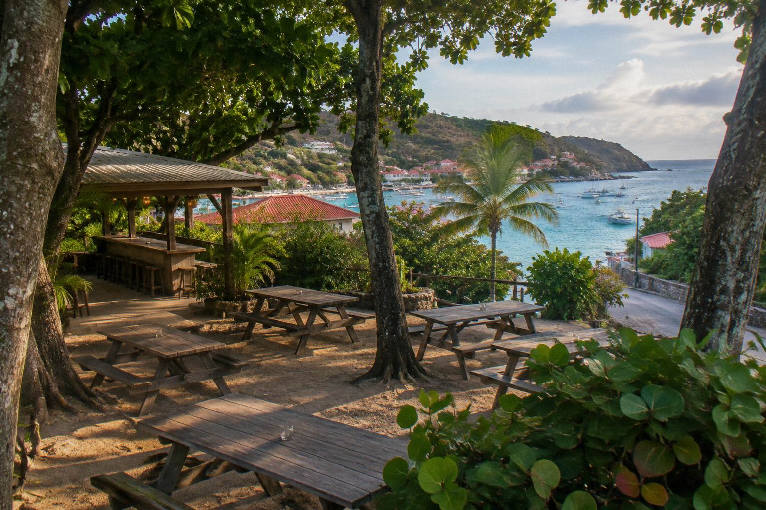 Small open-air bar with picnic tables under trees at dusk, no people