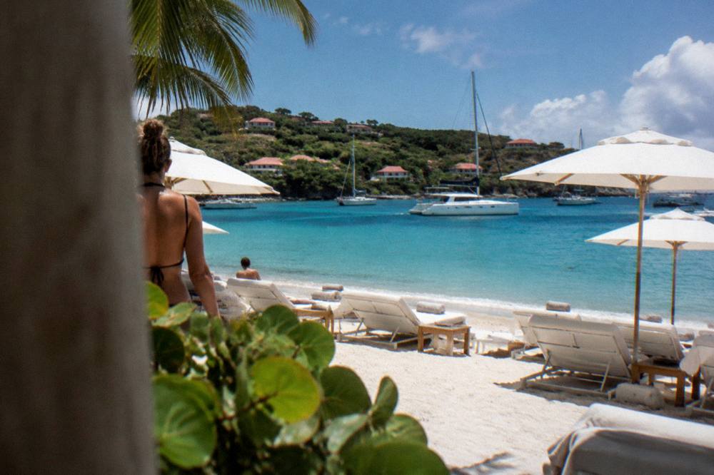 A catamaran and sailboats anchored in a quiet green bay on a Caribbean island