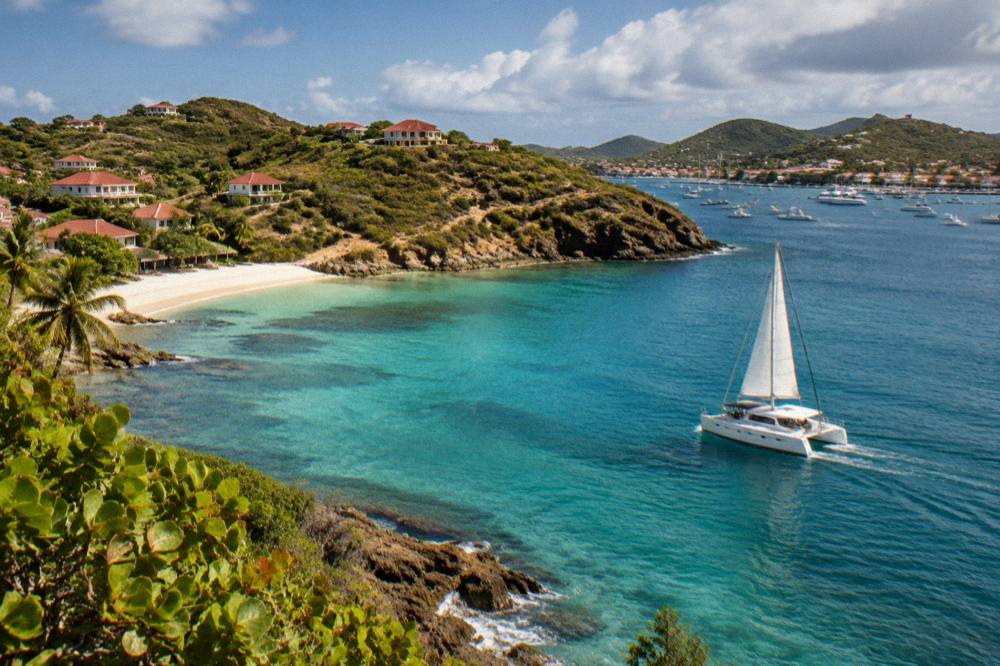 A sailing catamaran on open Caribbean water near a green island coastline