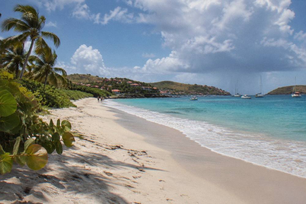 Sand dunes with low salt-tolerant vegetation separating a beach from a flat pond beyond