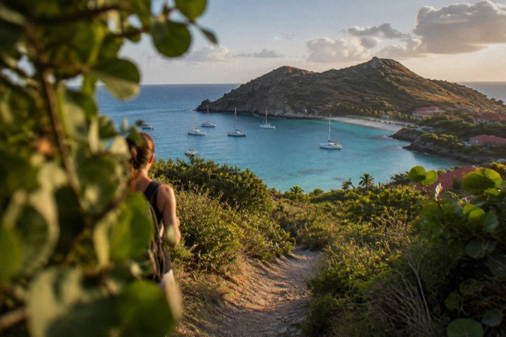 A narrow dirt trail leading downhill through low green scrub toward the sea