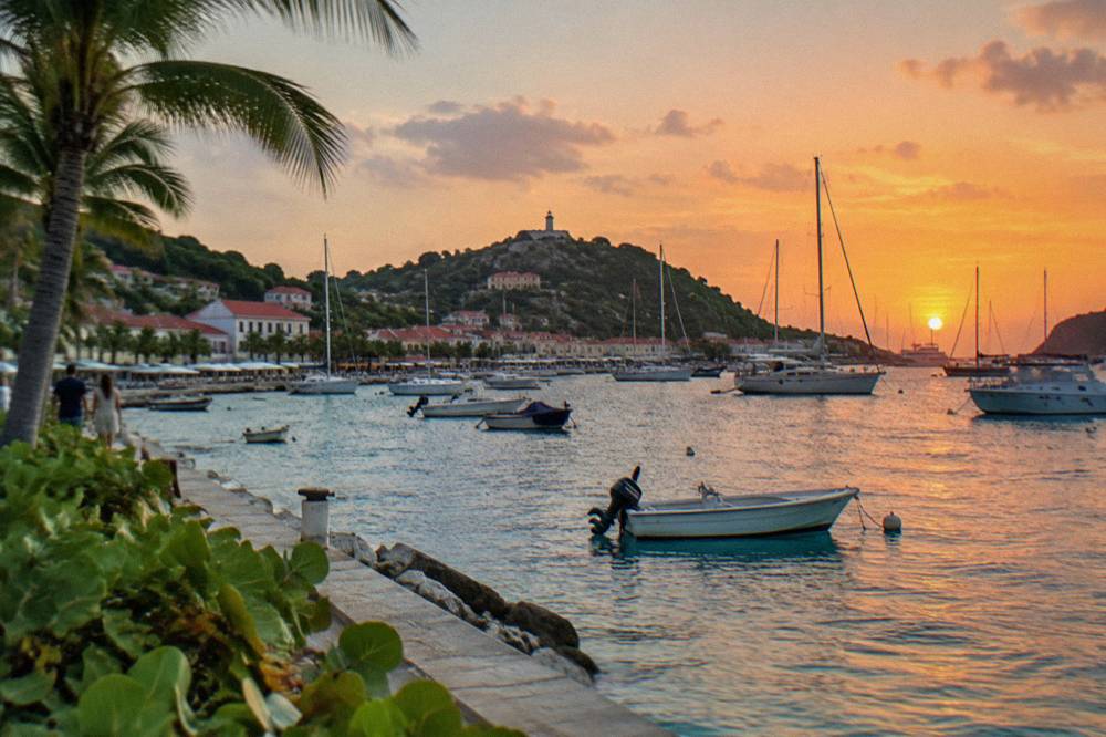 Masts and anchored boats in Gustavia harbor silhouetted against an orange evening sky