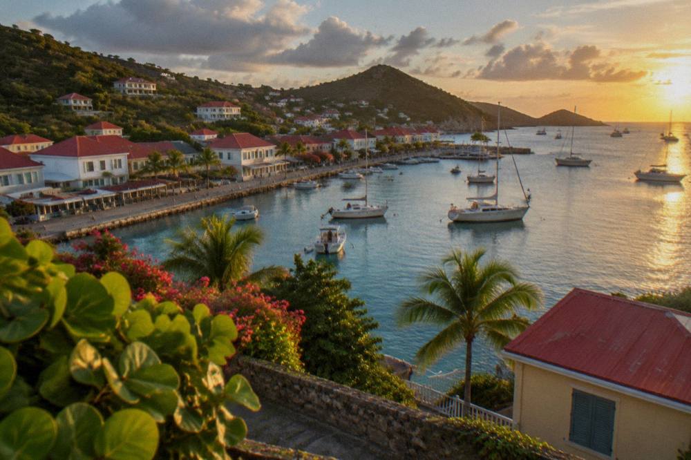 Afterglow light reflected on calm water along the north coast of St Barts