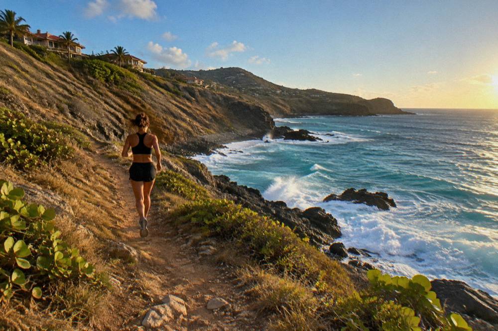Turquoise water breaking on dark rocks below a grassy headland under a blue sky