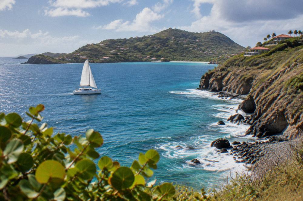 A white catamaran under sail on blue water with a green island behind it