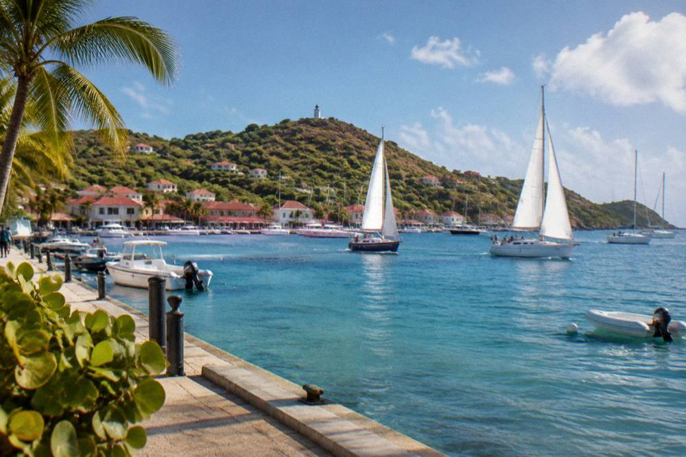 Sailing yachts racing in a harbor below a small Caribbean town