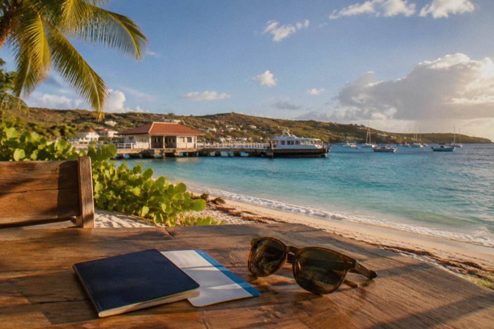 A passport and boarding pass resting on a wooden table beside a pair of sunglasses