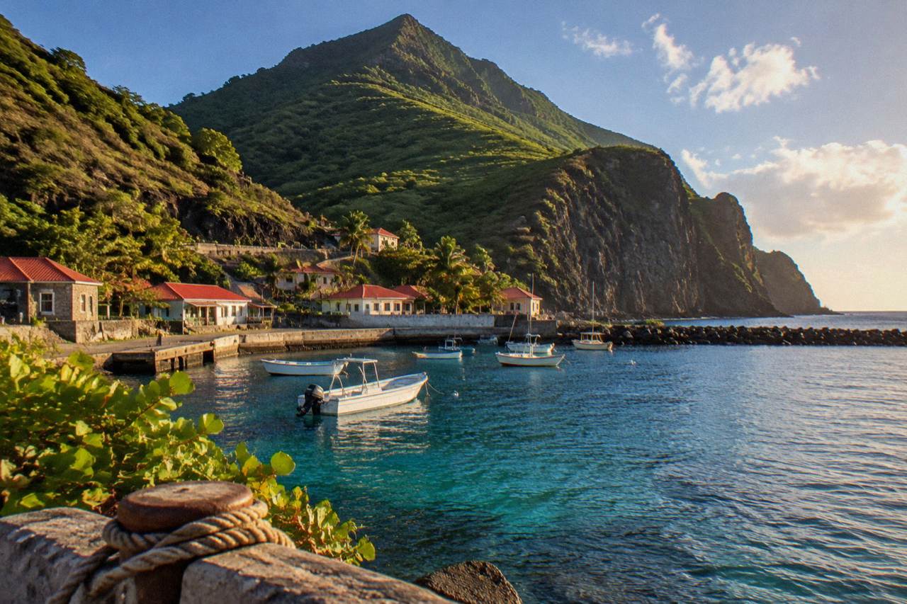 A small volcanic island rising steeply from calm Caribbean water under a clear sky