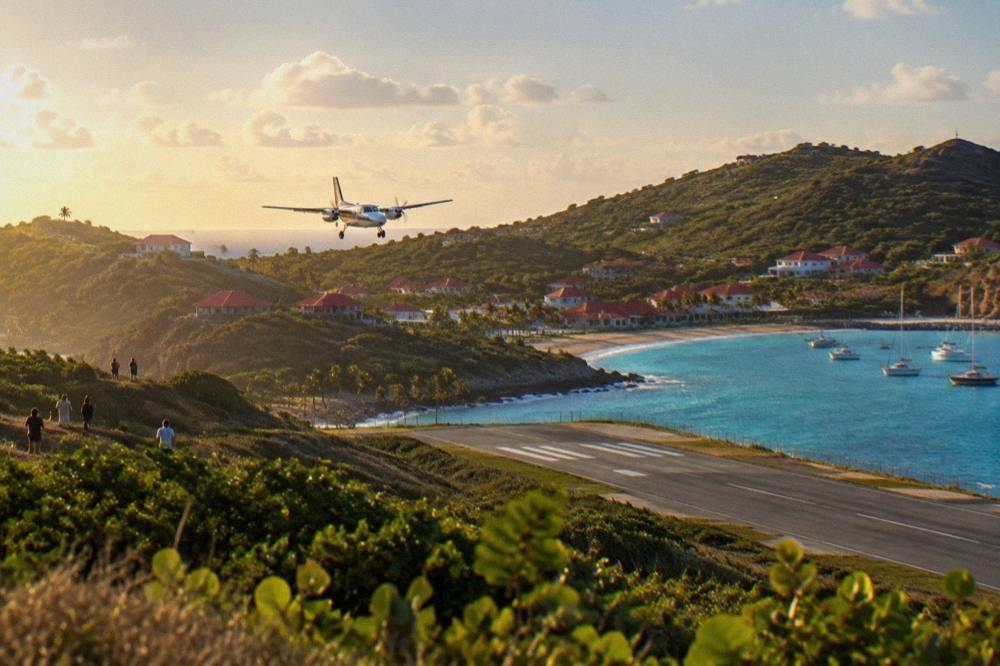 A small turboprop plane on a short runway between hills near the sea