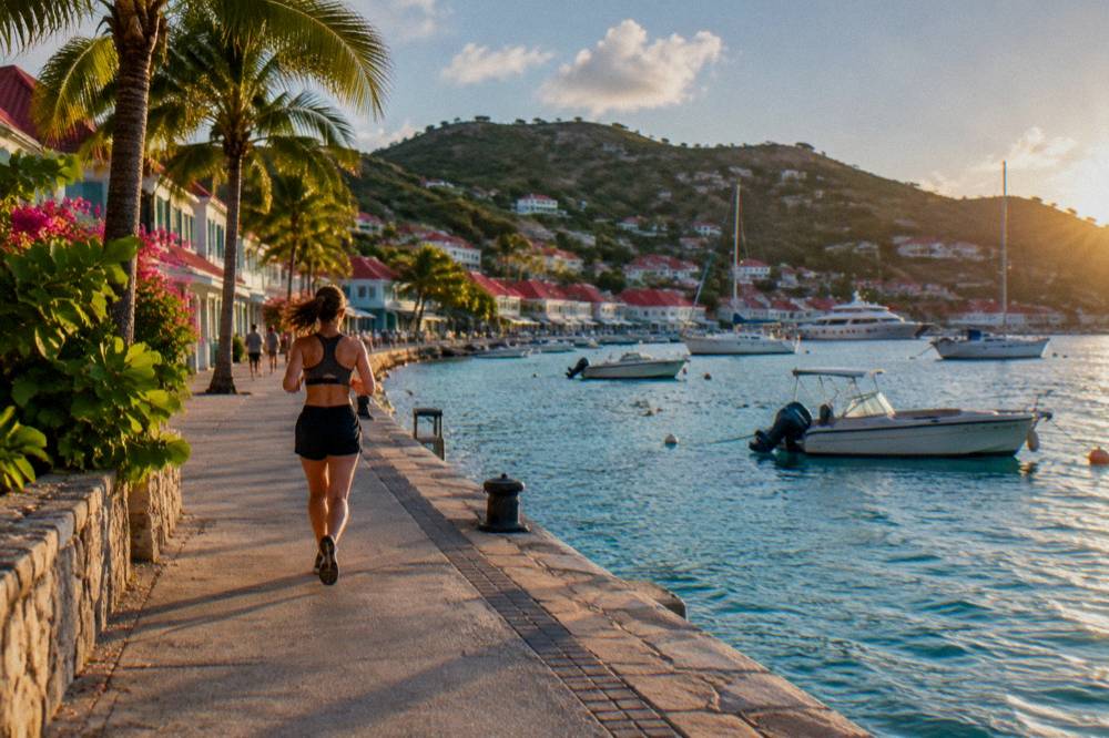 A palm-lined Caribbean beach under a bright sky with gentle turquoise shallows