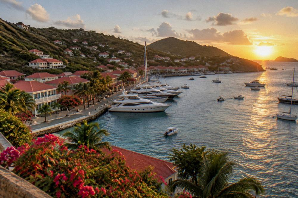 White yachts and small boats moored along a stone quay in a Caribbean harbour at golden hour